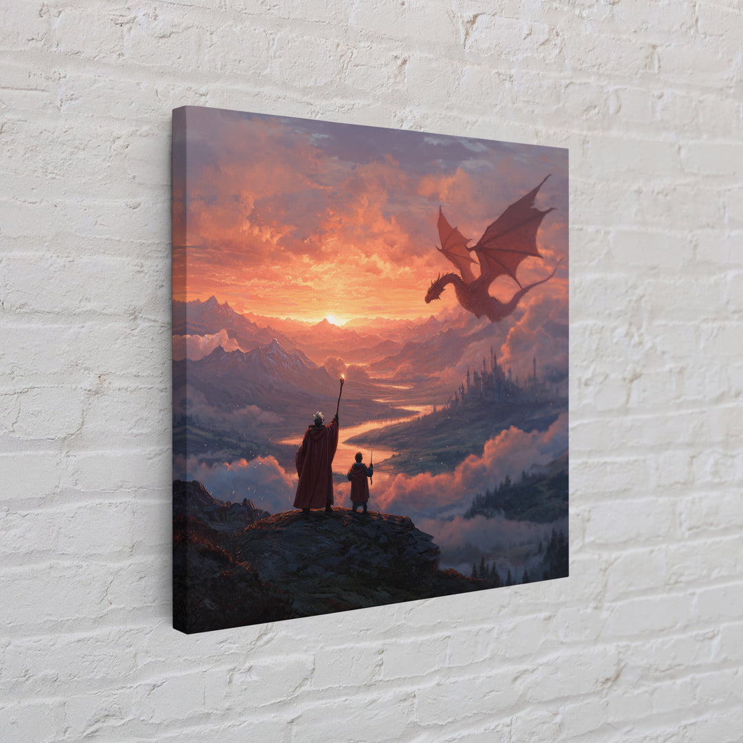 Sunset Dragon Over Mountain Valley Framed Canvas Print, Fantasy Castle Wall Art, Wizard Adventure Decor, Epic Gift For Him