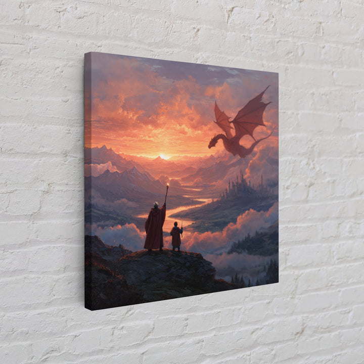 Sunset Dragon Over Mountain Valley Framed Canvas Print, Fantasy Castle Wall Art, Wizard Adventure Decor, Epic Gift For Him