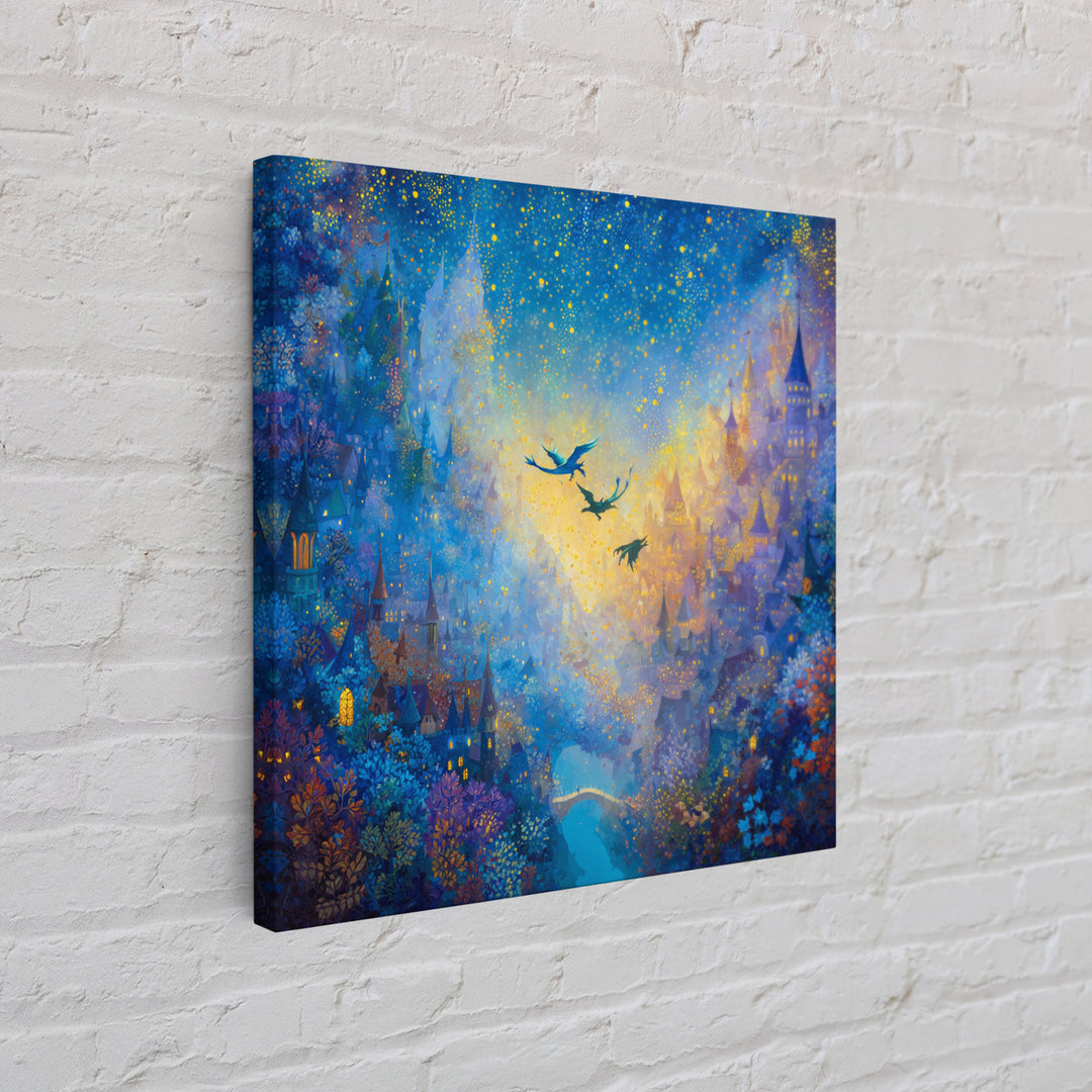 Blue Enchanted City With Golden Stars Canvas Print, Whimsical Fairy Tale Wall Art, Fantasy Castle Decor, Magical Gift For Her