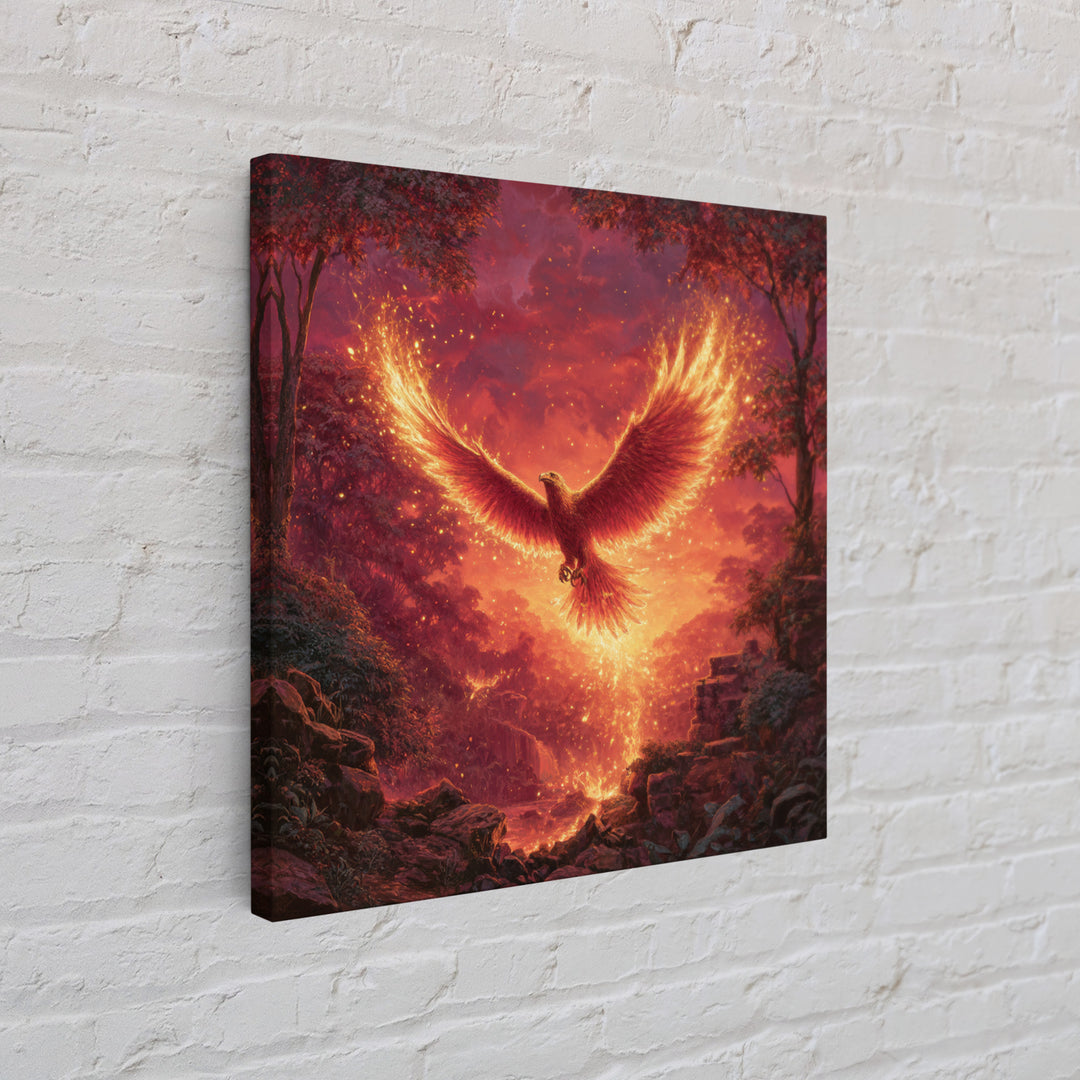 Fiery Phoenix Rising In Red Forest Canvas Print, Mythical Bird Wall Art, Epic Fantasy Wildlife Decor, Dramatic Gift For Her
