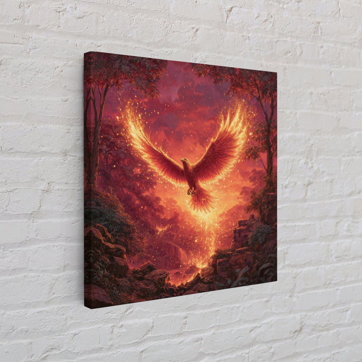 Fiery Phoenix Rising In Red Forest Canvas Print, Mythical Bird Wall Art, Epic Fantasy Wildlife Decor, Dramatic Gift For Her