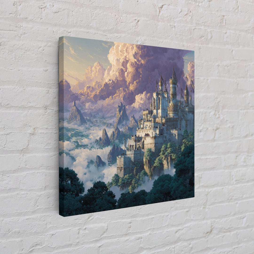 Majestic White Castle Above Clouded Mountains Wall Art, Fantasy Landscape Canvas Print, Fairytale Home Decor Gift For Her