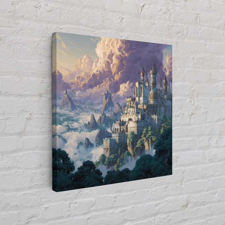 Majestic White Castle Above Clouded Mountains Wall Art, Fantasy Landscape Canvas Print, Fairytale Home Decor Gift For Her