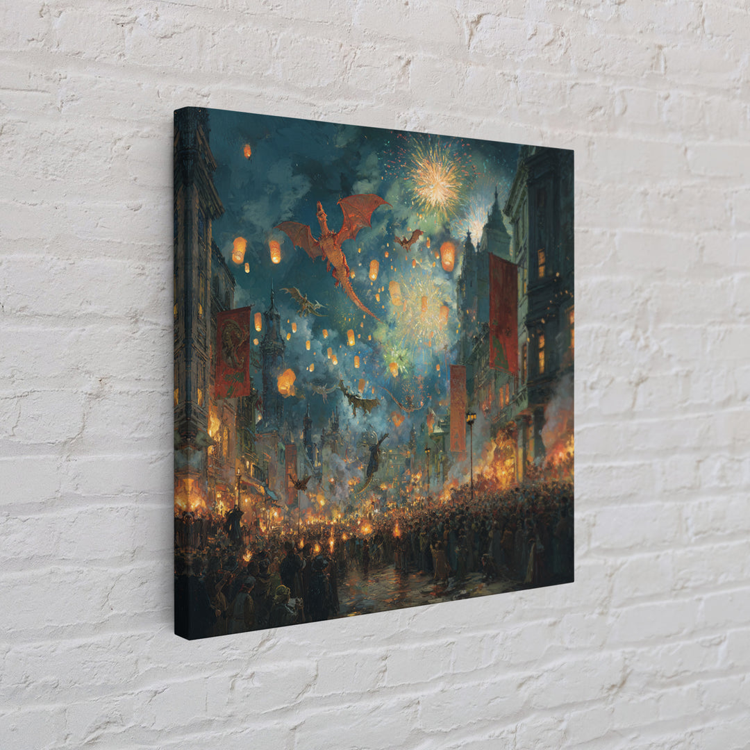 Dragon Festival Over Lantern Lit Medieval City Canvas Print, Fantasy Celebration Wall Art, Fireworks Decor, Epic Gift For Him