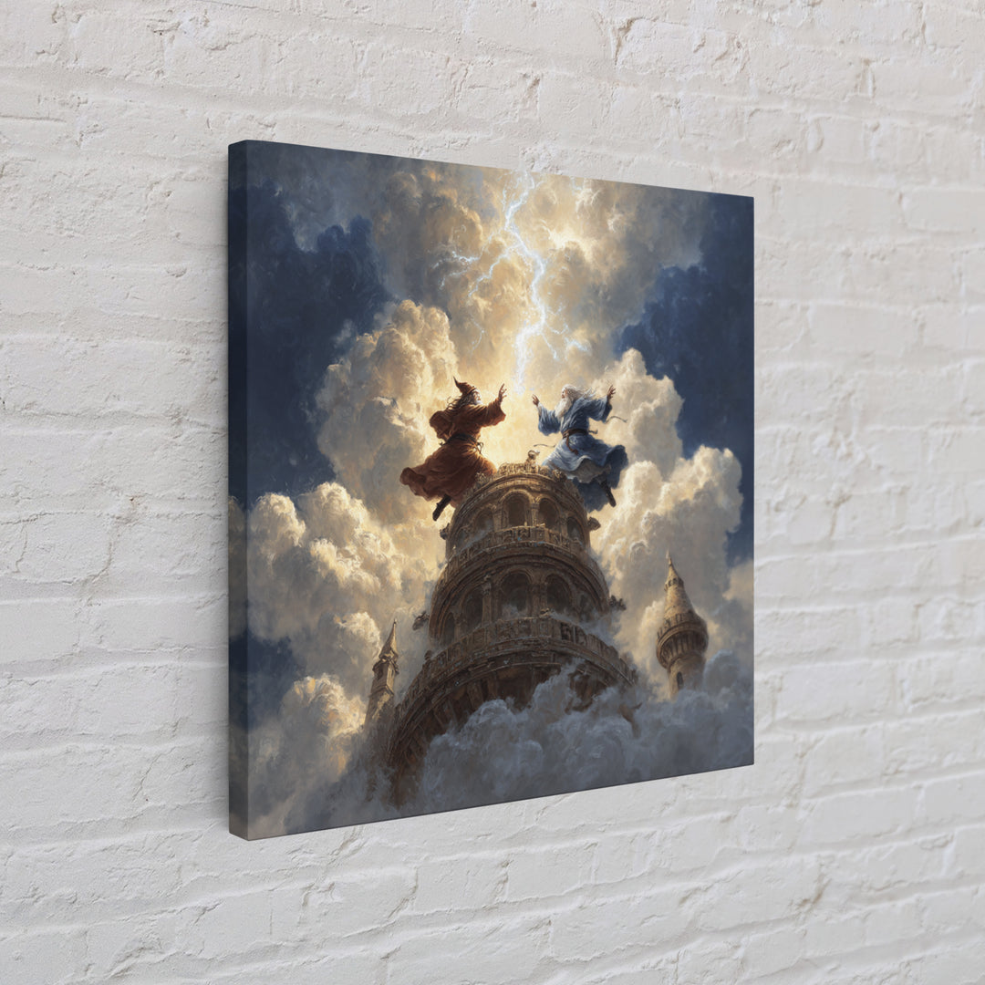 Wizards Dueling Atop Tower In Storm Clouds Wall Art, Dark Fantasy Canvas Print, Lightning Magic Decor, Epic Gift For Him