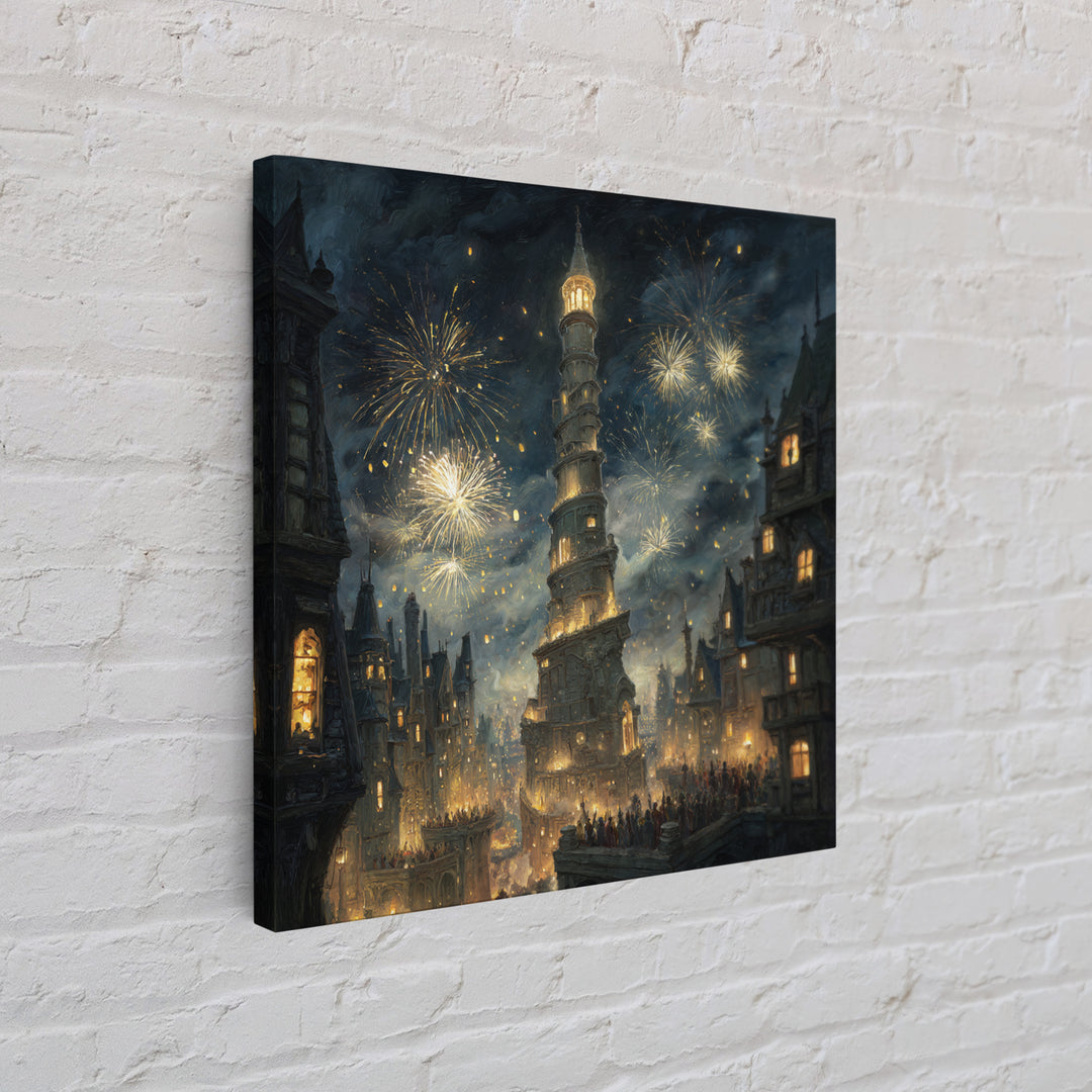 Fireworks Over Leaning Fantasy Tower Framed Canvas Print, Medieval Magical City Wall Art, Night Festival Decor, Gift For Her
