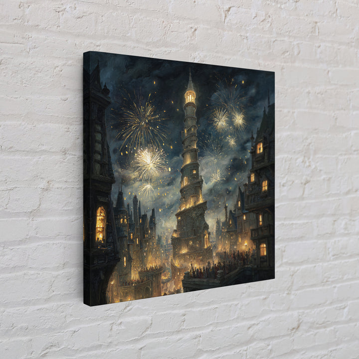 Fireworks Over Leaning Fantasy Tower Framed Canvas Print, Medieval Magical City Wall Art, Night Festival Decor, Gift For Her