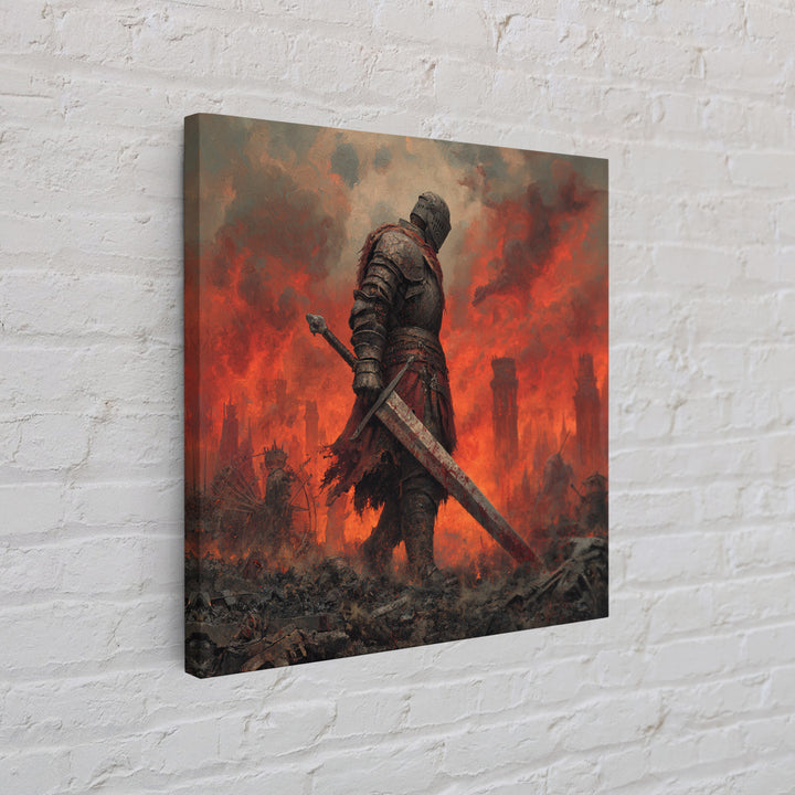 Armored Knight In Burning Battlefield Wall Art, Dark Fantasy Canvas Print, Medieval Warrior Decor, Gothic Game Room Art Print