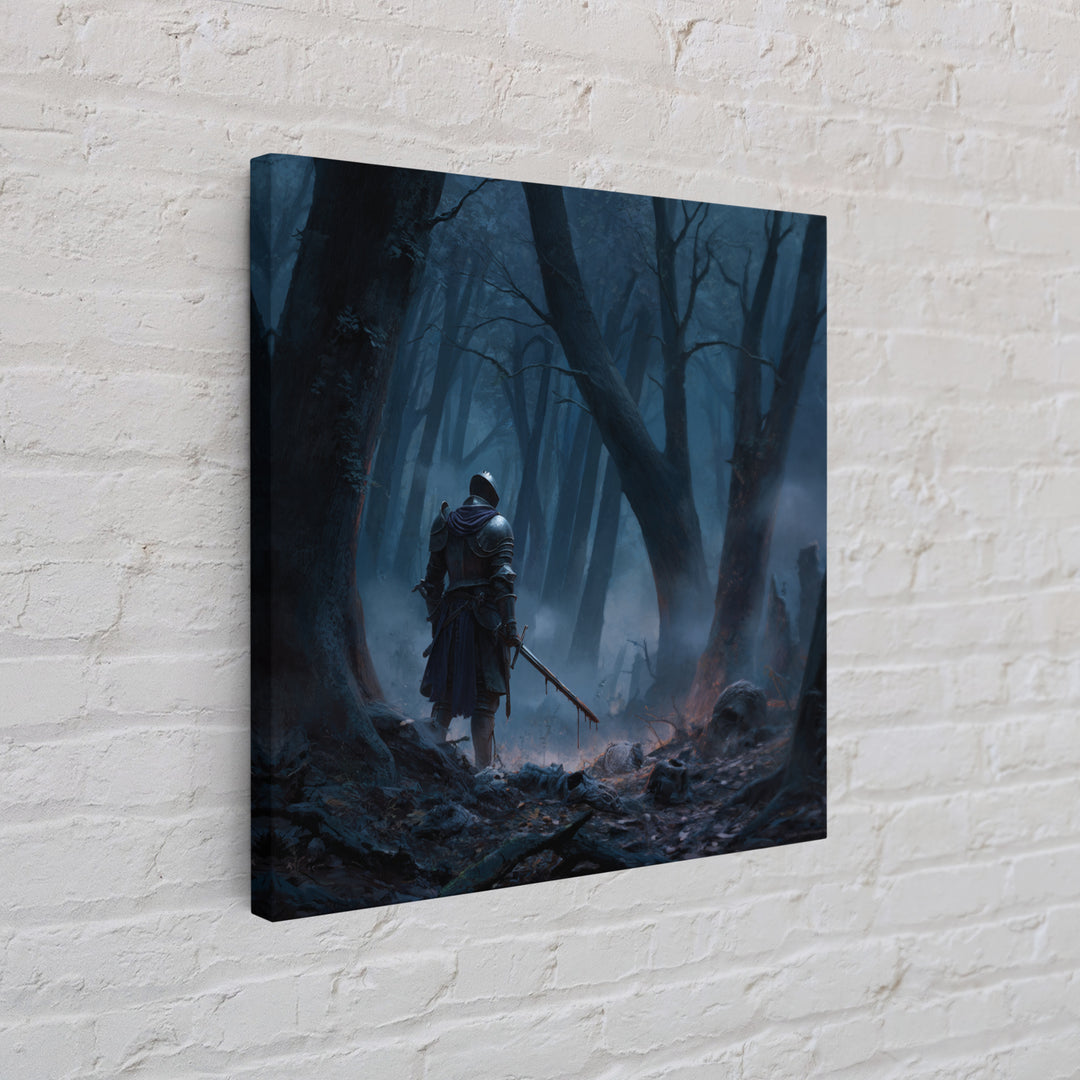 Lone Knight In Misty Blue Forest Wall Art, Dark Fantasy Canvas Print, Medieval Warrior Decor, Gothic Office Art Print Gift