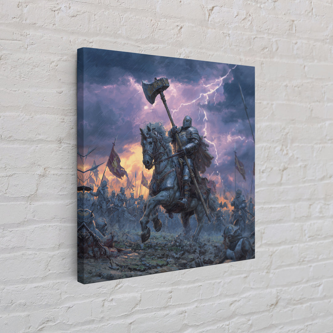 Mounted Knight With War Axe Wall Art, Medieval Battle Canvas Print, Stormy Fantasy Decor, Gothic Warrior Gift For Him Print