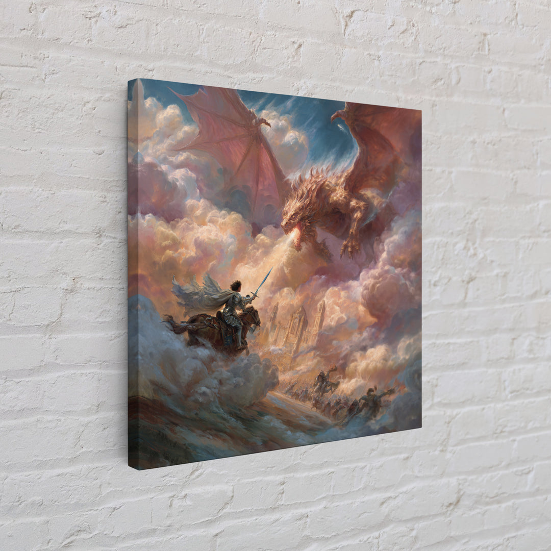 Hero Knight Facing Twin Dragons Wall Art, Epic Fantasy Canvas Print, Dragon Battle Decor, Medieval Adventure Gift For Him