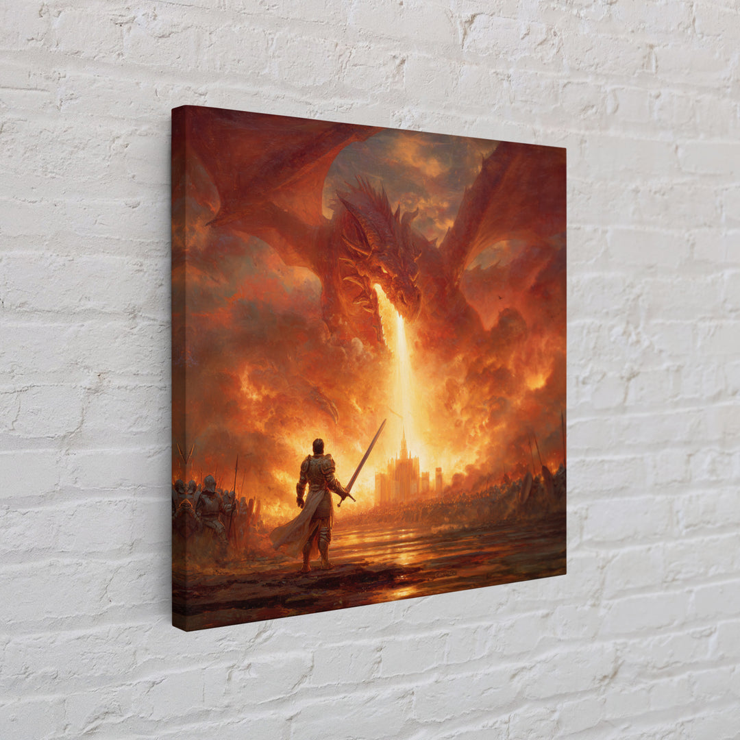 Giant Fire Dragon Over Castle Wall Art, Epic Fantasy Canvas Print, Large Medieval Battle Decor, Dragon Lover Gift For Him