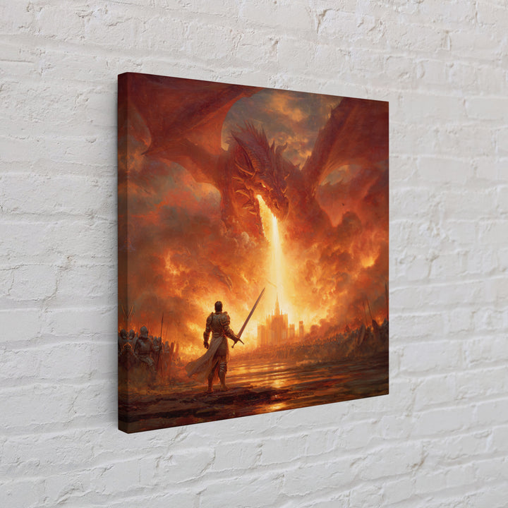 Giant Fire Dragon Over Castle Wall Art, Epic Fantasy Canvas Print, Large Medieval Battle Decor, Dragon Lover Gift For Him