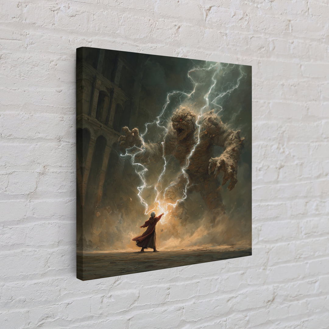 Wizard Battling Lightning Stone Golem Wall Art, Dark Fantasy Canvas Print, Magic Ruins Decor, Epic Sorcerer Art Gift Print
