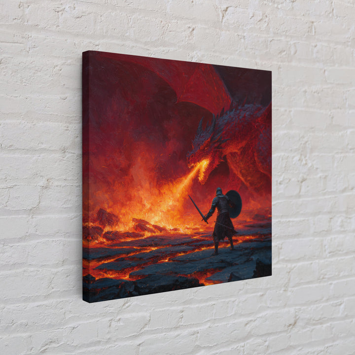 Red Dragon Breathing Fire At Knight Wall Art, Dark Fantasy Canvas Print, Lava Battle Decor, Gothic Medieval Art Gift Print