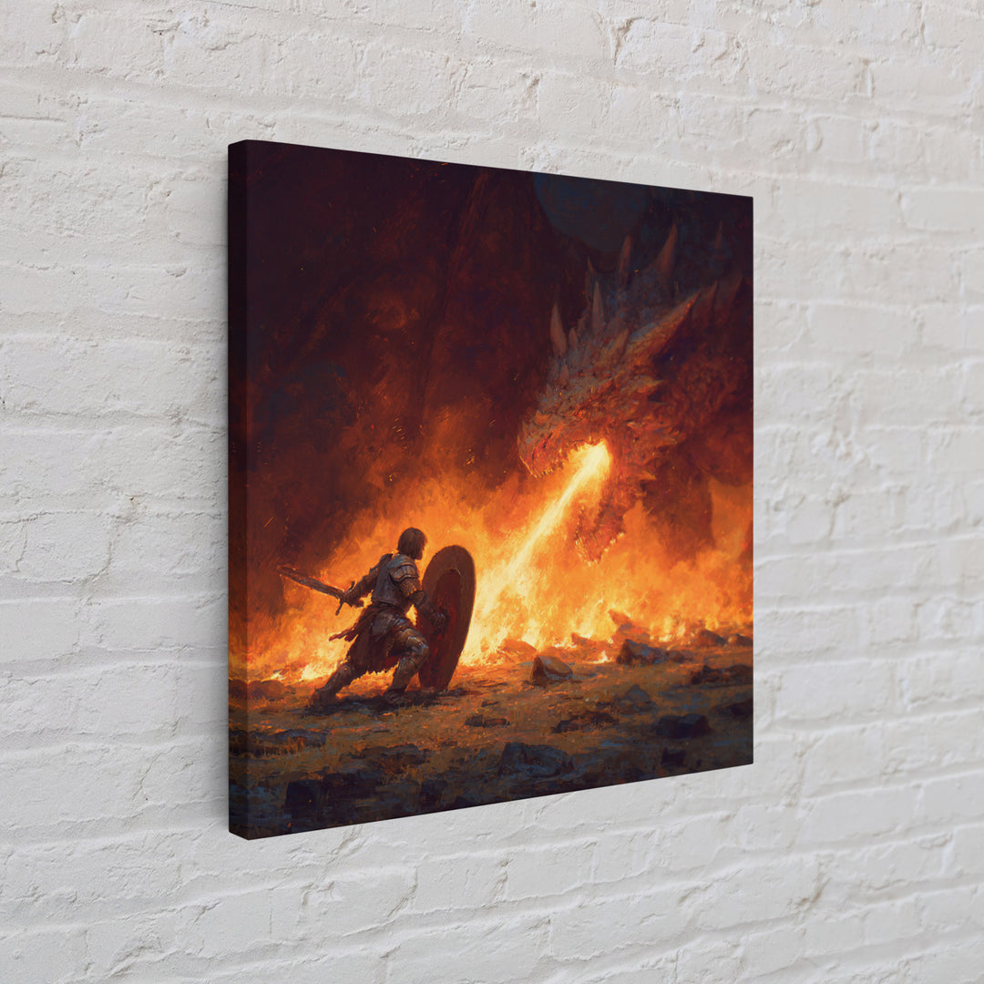 Knight Shielding From Dragon Fire Wall Art, Fantasy Canvas Print, Medieval Battle Decor, Gothic Warrior Gift For Him Print