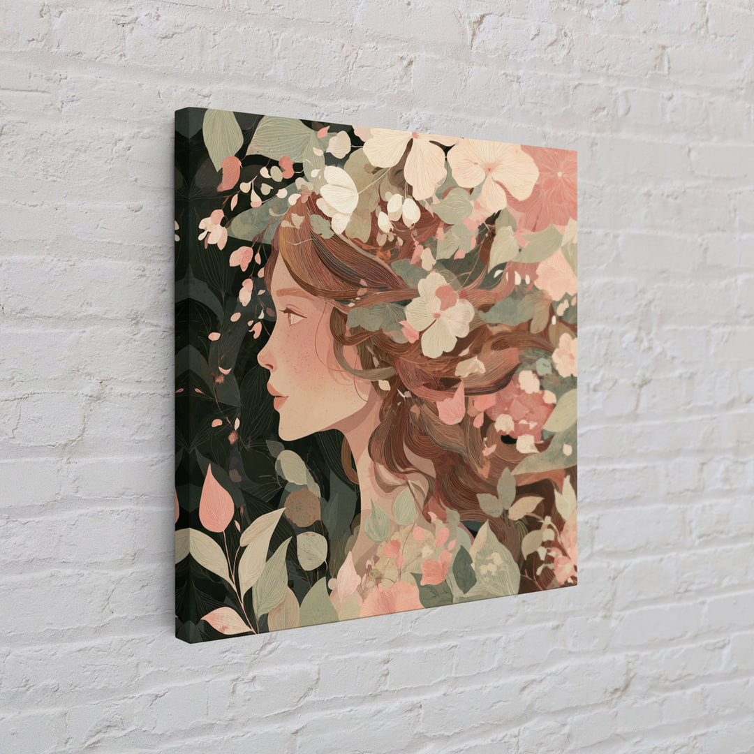 Botanical Woman Profile With Flowing Hair And Cream Flowers Wall Art, Art Nouveau Floral Print, Feminine Boho Living Room Decor Gift