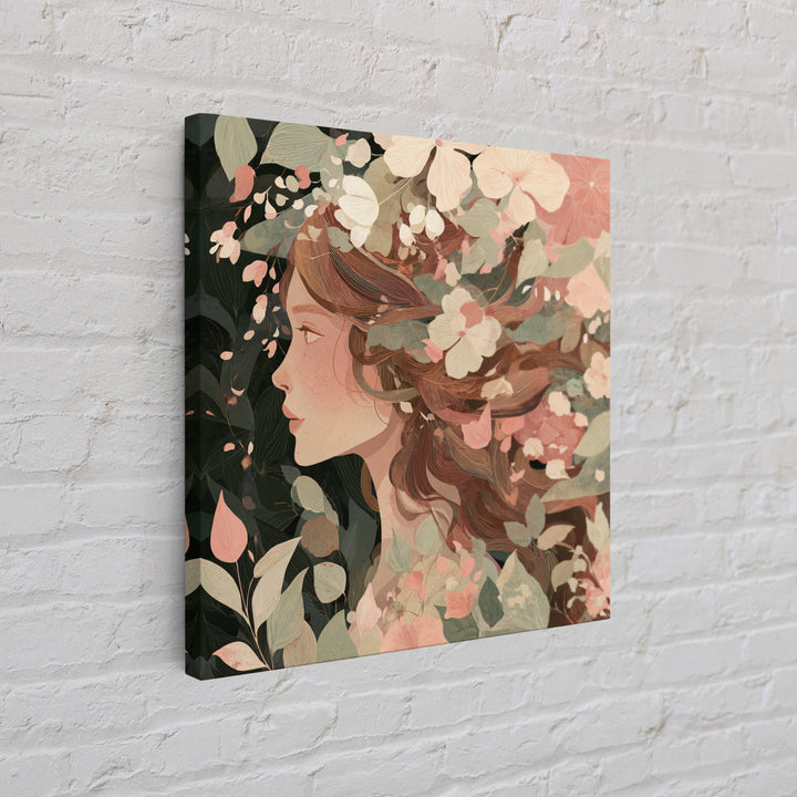 Botanical Woman Profile With Flowing Hair And Cream Flowers Wall Art, Art Nouveau Floral Print, Feminine Boho Living Room Decor Gift