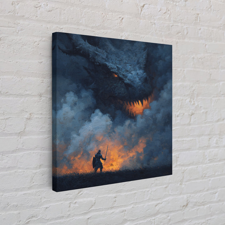 Dragon Looming Over Lone Knight In Smoke, Dark Fantasy Wall Art, Medieval Warrior Canvas Print, Gothic Game Room Decor Gift