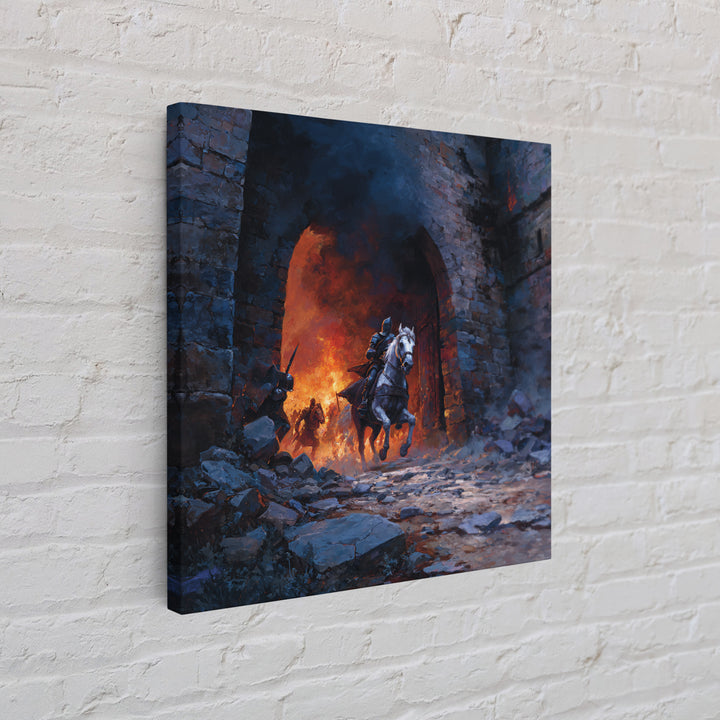 Mounted Knight Escaping Burning Castle Gate, Dark Fantasy Wall Art, Medieval Battle Canvas Print, Gothic Living Room Decor