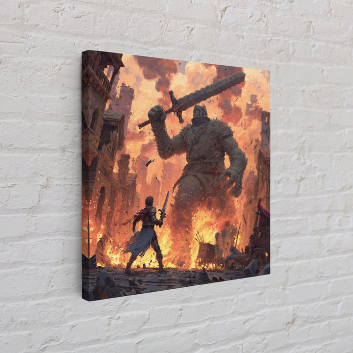 Giant Stone Warrior In Blazing City, Epic Fantasy Wall Art, Medieval Hero Canvas Print, Dramatic Game Room Decor Gift For Him