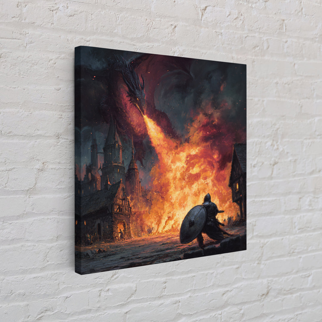 Fire Breathing Dragon Above Shielded Knight, Dark Fantasy Wall Art, Medieval Village Canvas Print, Gothic Castle Decor Gift