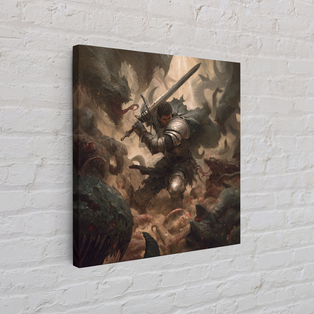 Armored Warrior Battling Monsters With Sword, Dark Fantasy Wall Art, Medieval Knight Canvas Print, Gothic Dungeon Decor Gift