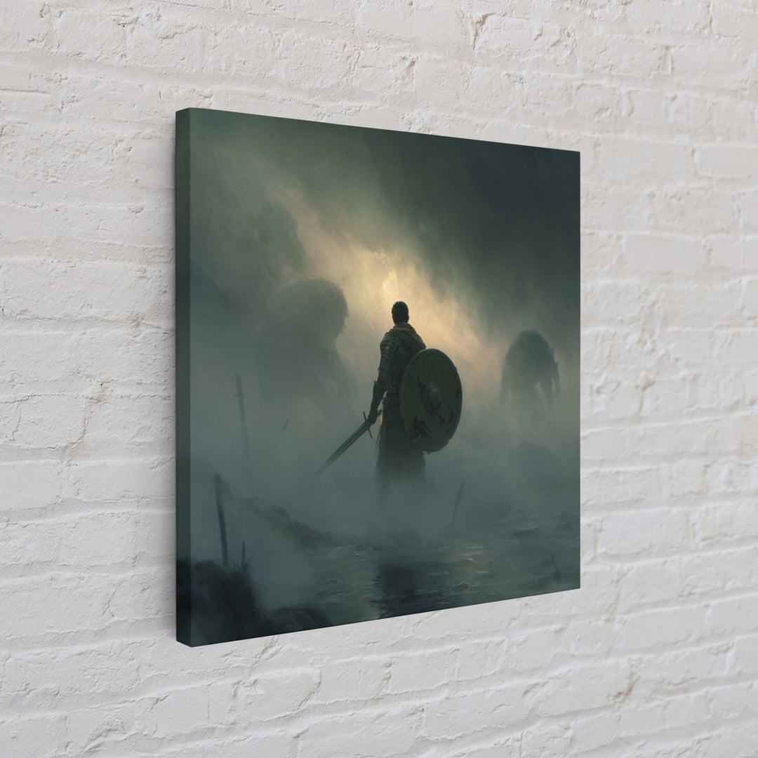 Lone Knight Facing Shadow Giants In Fog, Moody Fantasy Wall Art, Medieval Warrior Canvas Print, Dark Academia Decor Gift