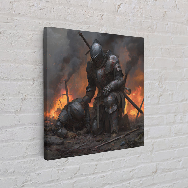 Bloodied Knight Kneeling On Fiery Battlefield, Dark Fantasy Wall Art, Medieval Armor Canvas Print, Gothic Warrior Decor Gift