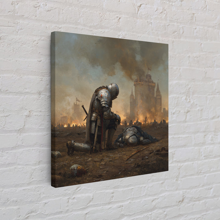 Kneeling Knight In War Torn Field By Castle, Medieval Wall Art, Dark Fantasy Canvas Print, Moody Living Room Decor Gift For Him