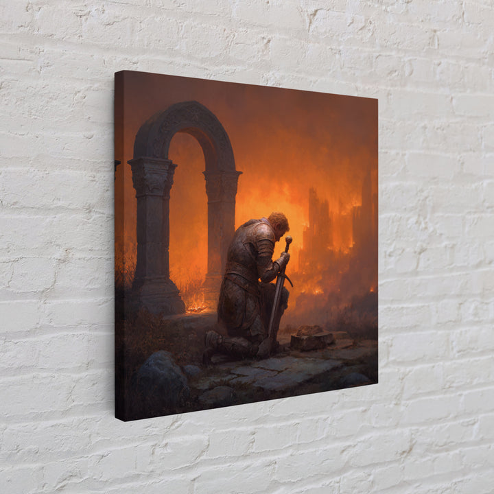 Knight Praying Beside Sword In Burning Ruins, Dark Fantasy Wall Art, Medieval Canvas Print, Gothic Castle Decor Gift For Him