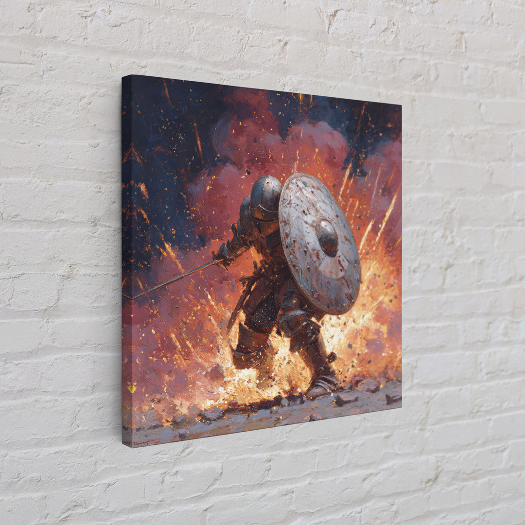 Shielded Knight Charging Through Exploding Fire, Dark Fantasy Wall Art, Medieval Battle Canvas Print, Gothic Game Room Decor