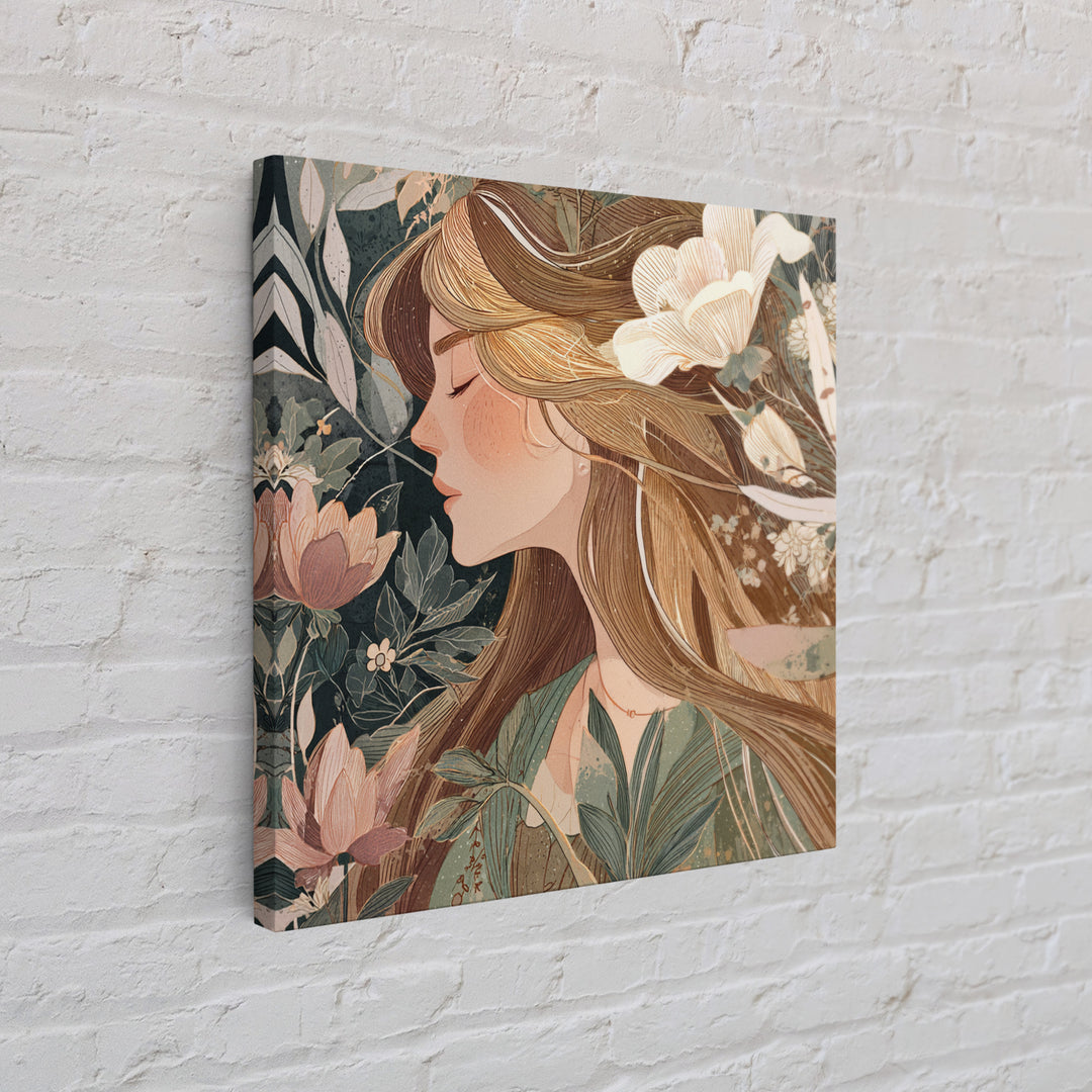 Blonde Woman In Blooming Garden Wall Art, Art Nouveau Floral Canvas Print, Feminine Botanical Decor, Romantic Bedroom Art