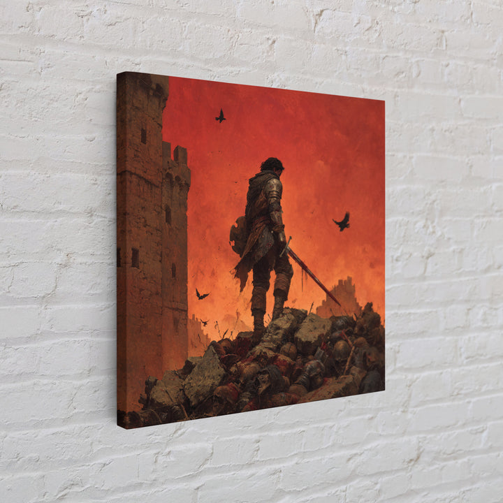 Lone Medieval Warrior On Red Battlefield Wall Art, Dark Fantasy Castle Canvas, Gothic Knight Decor, Dramatic Game Room Print