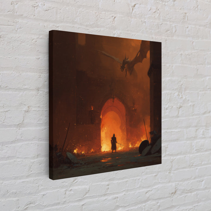 Dragon Above Burning Castle Gate Framed Canvas Print, Dark Fantasy Wall Art, Medieval Warrior Decor, Gothic Game Room Poster