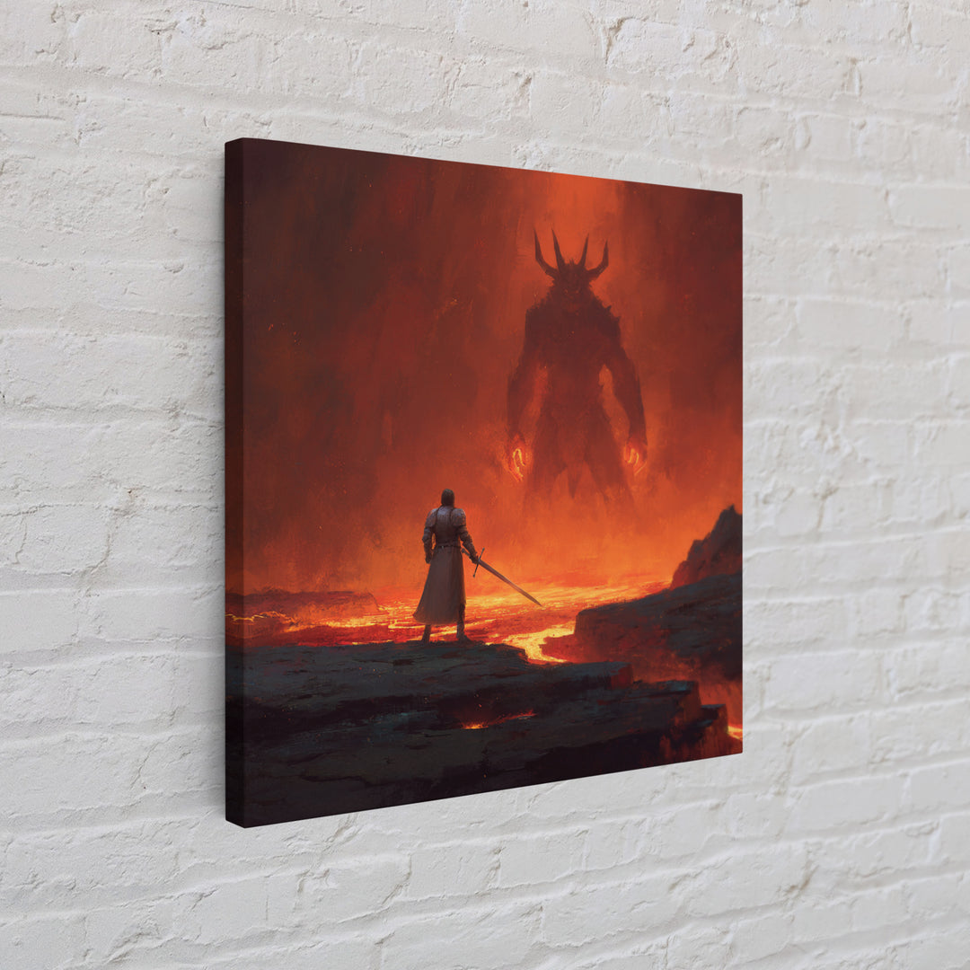 Knight Facing Fiery Demon In Lava Realm Canvas Print, Dark Fantasy Wall Art, Gothic Battle Decor, Epic Gaming Room Poster