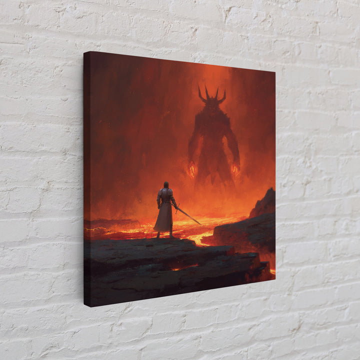 Knight Facing Fiery Demon In Lava Realm Canvas Print, Dark Fantasy Wall Art, Gothic Battle Decor, Epic Gaming Room Poster