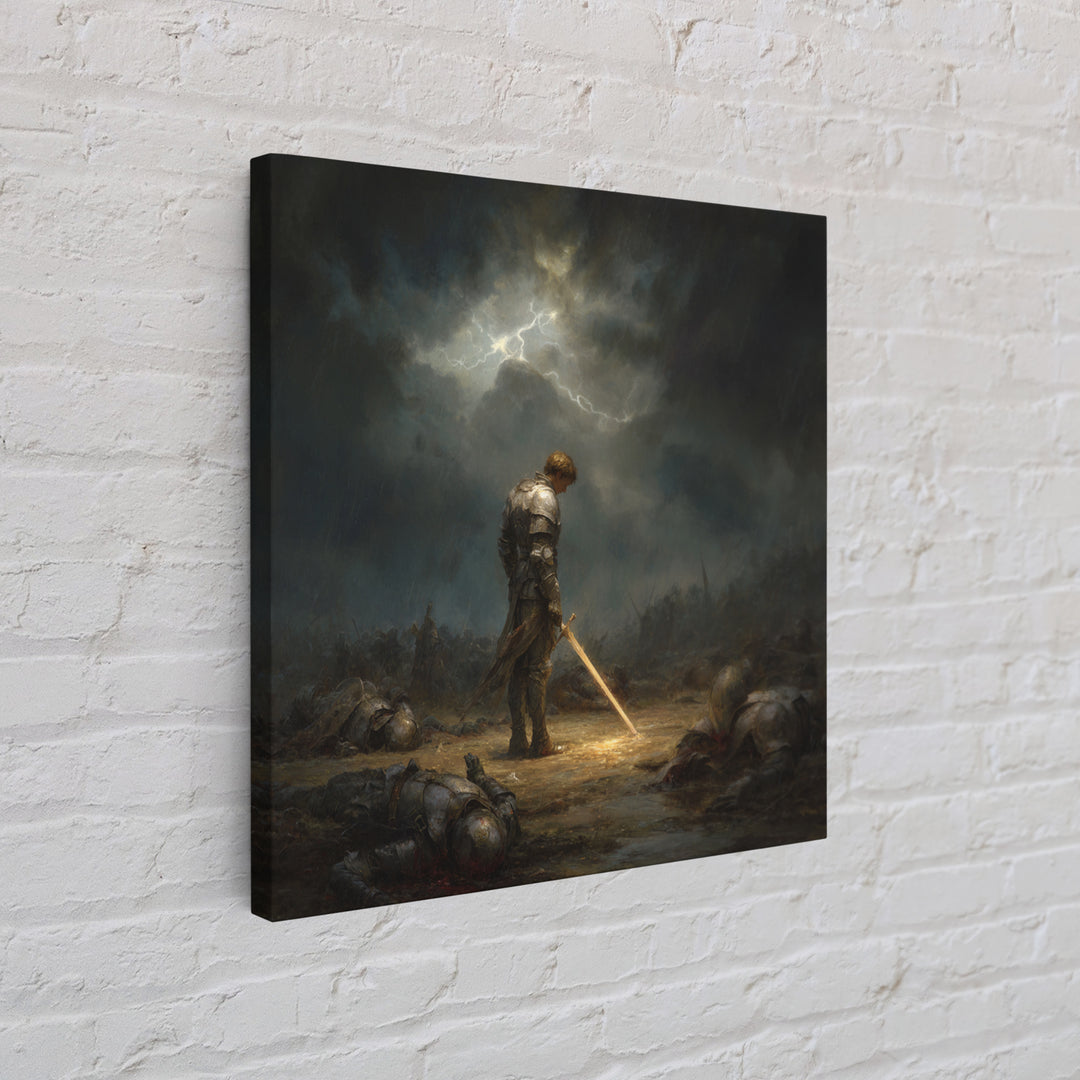 Stormlit Knight With Glowing Sword Wall Art, Dark Fantasy Battlefield Print, Gothic Medieval Decor, Dramatic Office Wall Art
