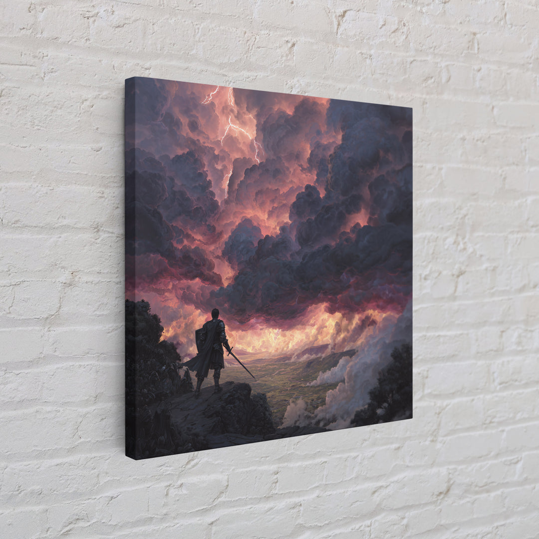 Warrior Beneath Thundercloud Sky Canvas Print, Dramatic Fantasy Landscape Wall Art, Lightning Storm Decor, Moody Wall Decor