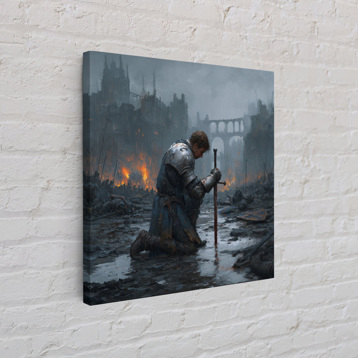 Kneeling Knight In Rainy Ruins Framed Canvas Print, Dark Fantasy Wall Art, Medieval Castle Decor, Moody Battlefield Art Print