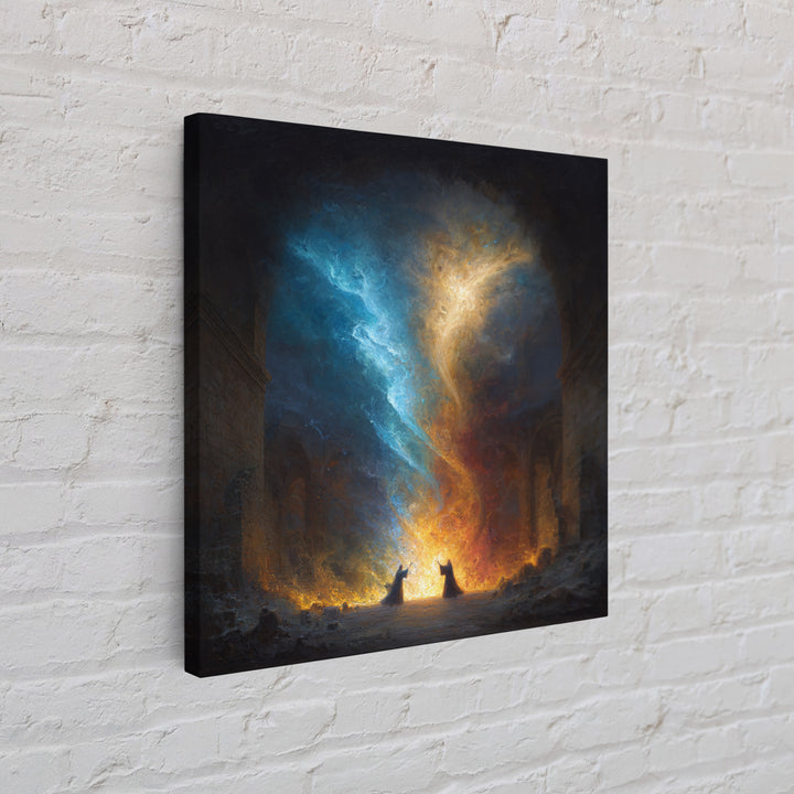 Twin Mages Casting Blue Gold Spell Canvas Print, Fantasy Magic Wall Art, Mystical Abstract Energy Decor, Wizard Wall Art