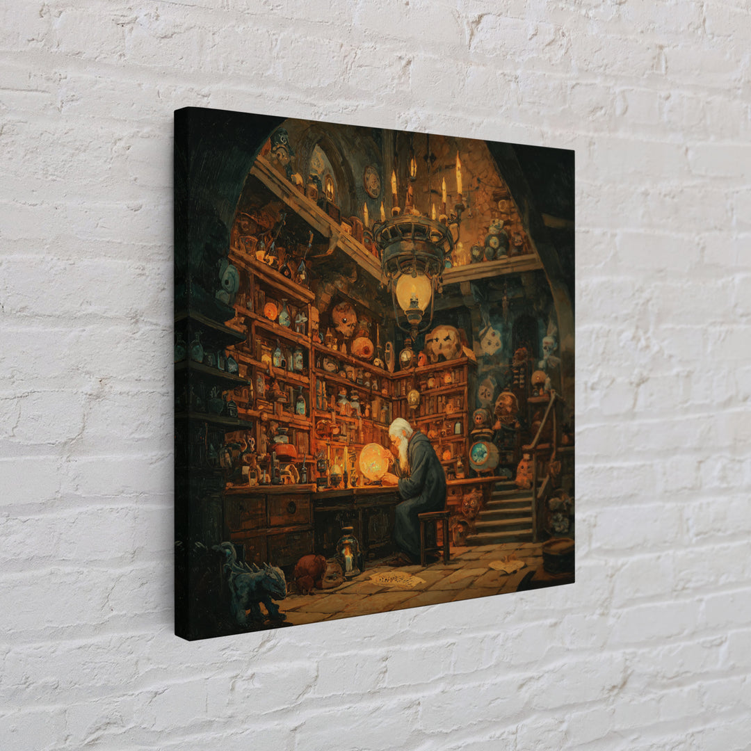 Old Wizard In Magical Curiosity Shop Wall Art, Fantasy Library Decor, Whimsical Alchemist Canvas, Dark Academia Home Decor Print