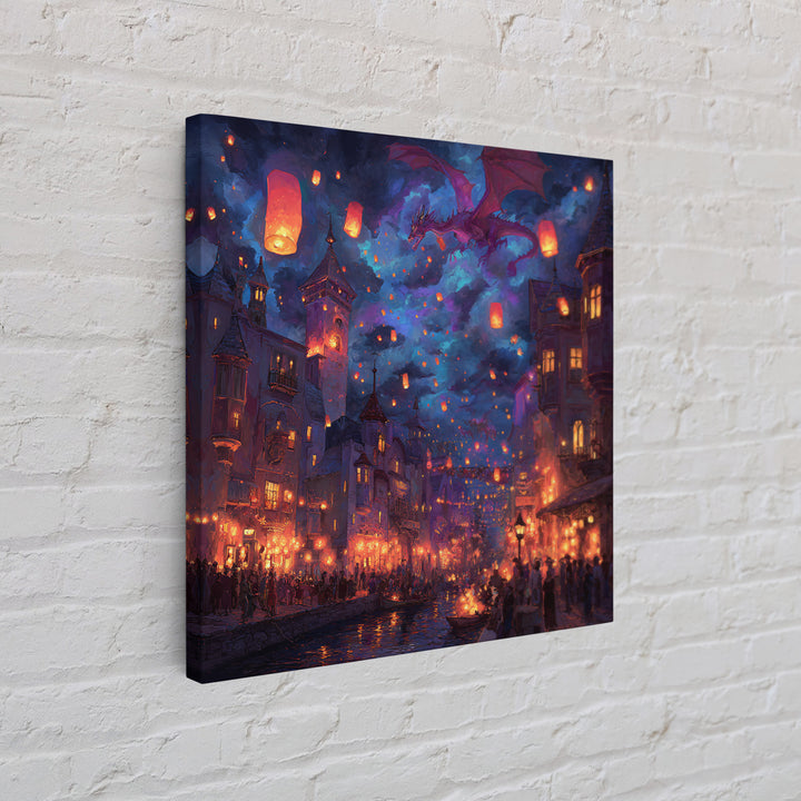 Purple Dragon Over Lantern Festival Wall Art, Whimsical Fantasy City Canvas, Magical Night Decor, Colorful Kids Room Poster