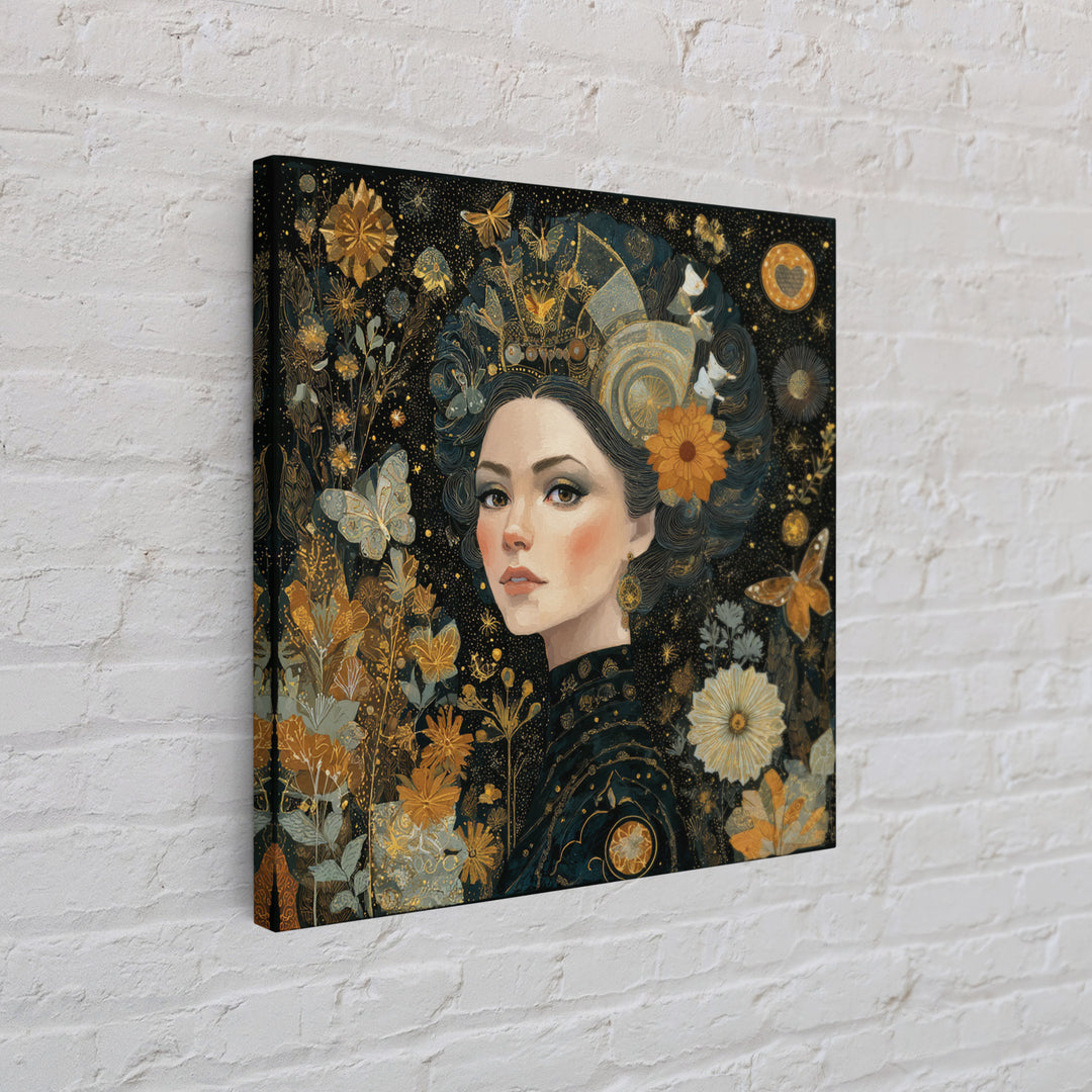 Art Nouveau Woman With Gold Flowers Canvas Print, Feminine Celestial Wall Art, Botanical Portrait Decor, Elegant Gift For Her