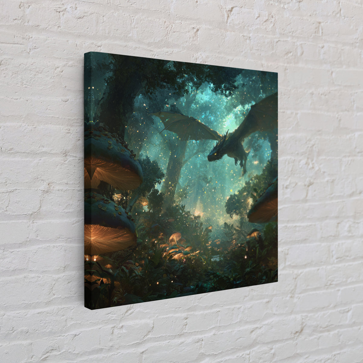 Enchanted Forest Dragon With Glowing Mushrooms Wall Art, Fantasy Canvas Print, Magical Woodland Decor, Gamer Room Decor Gift