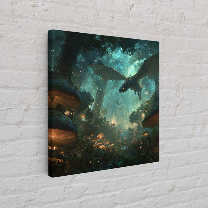 Enchanted Forest Dragon With Glowing Mushrooms Wall Art, Fantasy Canvas Print, Magical Woodland Decor, Gamer Room Decor Gift