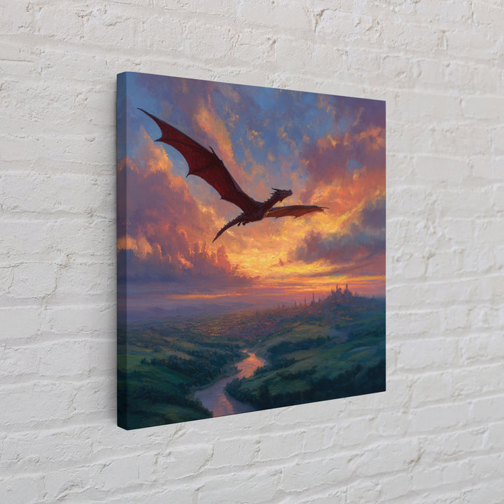 Red Dragon Flying Over Sunset Kingdom Canvas Print, Fantasy Landscape Wall Art, Castle Decor, Epic Gamer Room Gift For Him