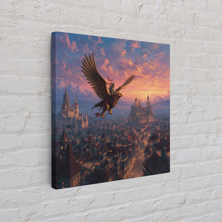 Warrior Riding Griffon Over Medieval City Framed Canvas Print, Fantasy Wall Art, Castle Landscape Decor, Epic Adventure Gift