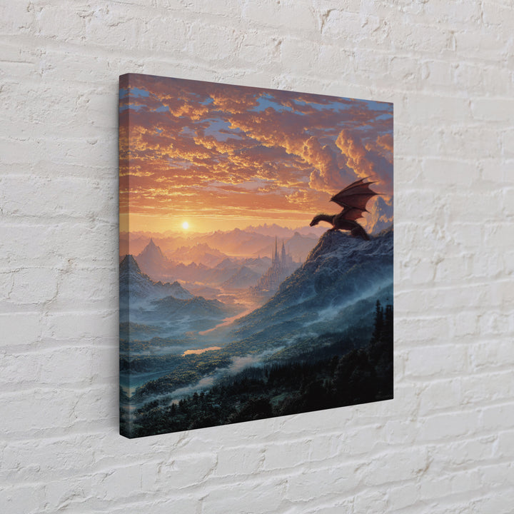 Mountain Dragon Watching Sunrise Kingdom Wall Art, Fantasy Landscape Canvas Print, Castle Decor, Epic Adventure Gift For Gamers