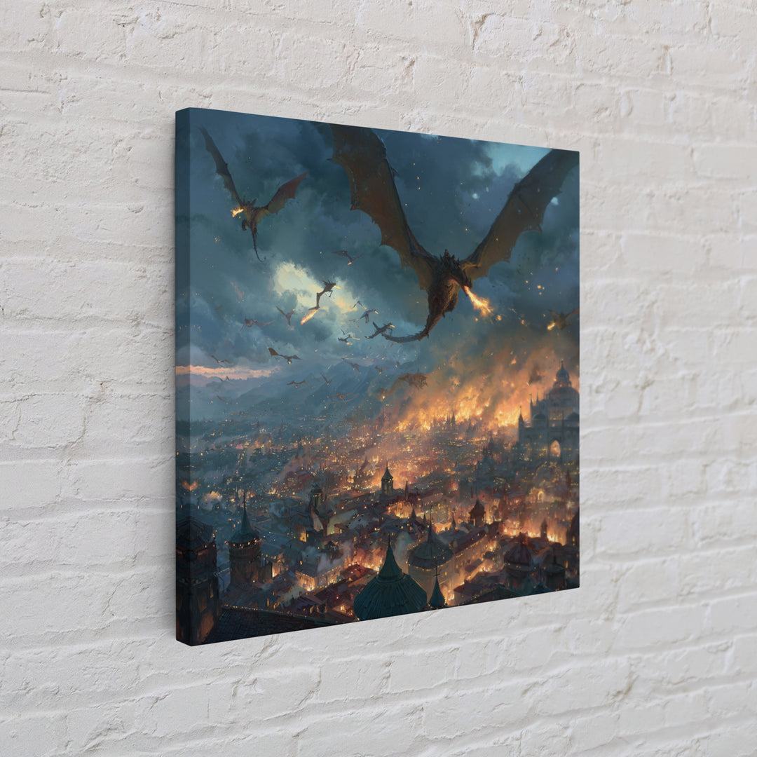 Fire Breathing Dragons Attacking Burning City Canvas Print, Dark Fantasy Wall Art, Medieval Battle Decor, Gamer Room Gift